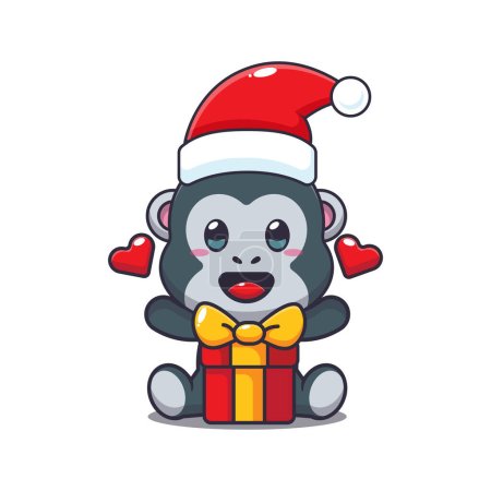 Téléchargez les illustrations : Mignon gorille avec cadeau de Noël. Jolie illustration de personnage de dessin animé de Noël. - en licence libre de droit