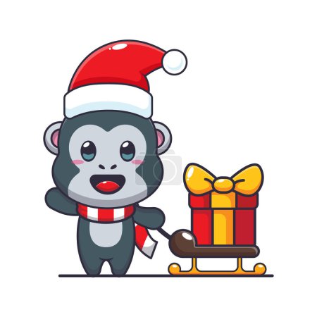 Téléchargez les illustrations : Mignon gorille portant boîte cadeau de Noël. Jolie illustration de personnage de dessin animé de Noël. - en licence libre de droit