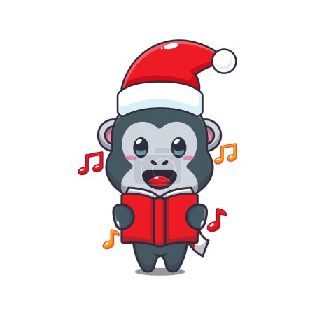 Téléchargez les illustrations : Mignon gorille chanter une chanson de Noël. Jolie illustration de personnage de dessin animé de Noël. - en licence libre de droit