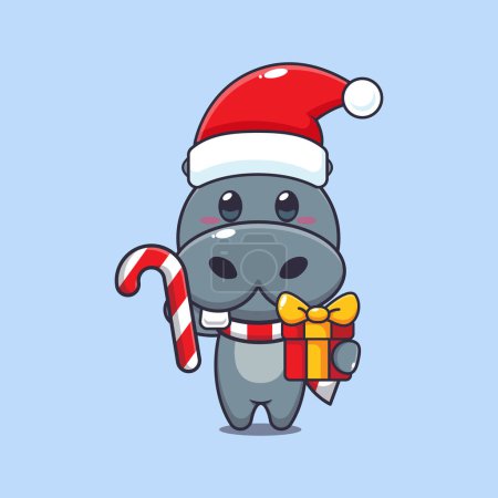 Téléchargez les illustrations : Mignon hippopotame tenant bonbons de Noël et cadeau. Jolie illustration de personnage de dessin animé de Noël. - en licence libre de droit