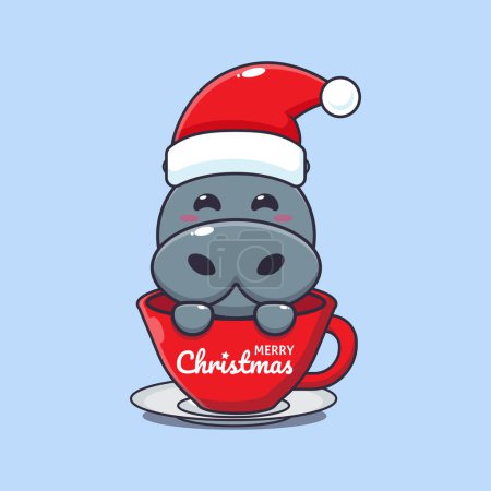 Téléchargez les illustrations : Mignon hippopotame portant un chapeau de Père Noël dans la tasse. Jolie illustration de personnage de dessin animé de Noël. - en licence libre de droit