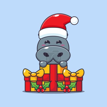 Téléchargez les illustrations : Mignon hippopotame heureux avec cadeau de Noël. Jolie illustration de personnage de dessin animé de Noël. - en licence libre de droit