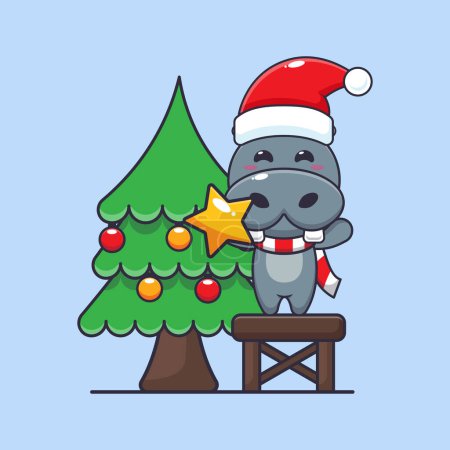 Illustration for Cute hippo taking star from christmas tree. Cute christmas cartoon character illustration. - Royalty Free Image