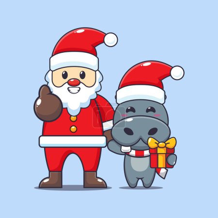 Téléchargez les illustrations : Joli hippopotame avec Père Noël. Jolie illustration de personnage de dessin animé de Noël. - en licence libre de droit