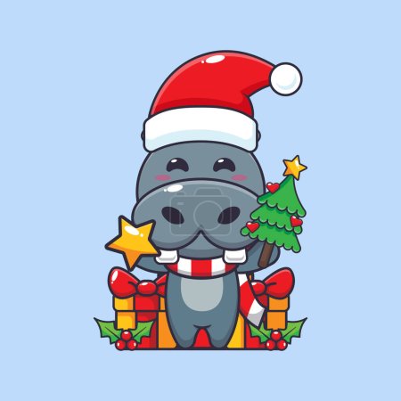 Téléchargez les illustrations : Mignon hippopotame tenant étoile et arbre de Noël. Jolie illustration de personnage de dessin animé de Noël. - en licence libre de droit