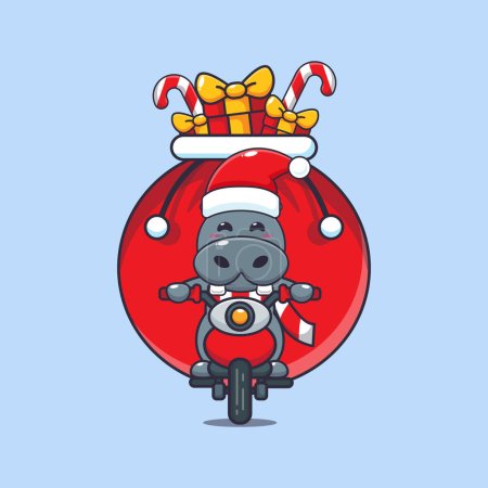 Téléchargez les illustrations : Mignon hippopotame portant cadeau de Noël avec moto. Jolie illustration de personnage de dessin animé de Noël. - en licence libre de droit