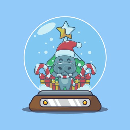 Téléchargez les illustrations : Mignon hippopotame dans la boule à neige. Jolie illustration de personnage de dessin animé de Noël. - en licence libre de droit