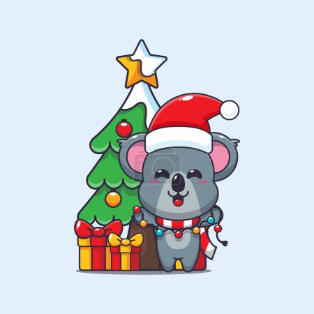 Téléchargez les illustrations : Mignon koala avec lampe de mât de Noël. Jolie illustration de personnage de dessin animé de Noël. - en licence libre de droit