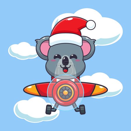 Téléchargez les illustrations : Mignon koala portant santa chapeau volant avec avion. Jolie illustration de personnage de dessin animé de Noël. - en licence libre de droit