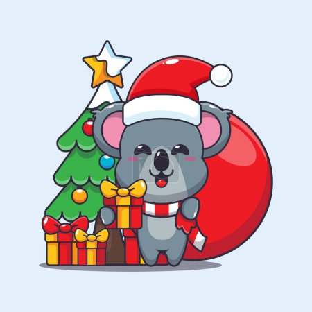 Téléchargez les illustrations : Mignon koala portant cadeau de Noël. Jolie illustration de personnage de dessin animé de Noël. - en licence libre de droit