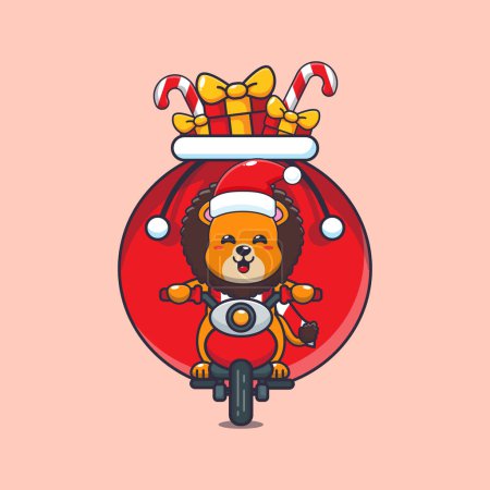 Téléchargez les illustrations : Mignon lion portant cadeau de Noël avec moto. Jolie illustration de personnage de dessin animé de Noël. - en licence libre de droit