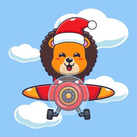 Téléchargez les illustrations : Mignon lion portant le chapeau de Père Noël volant avec l'avion. Jolie illustration de personnage de dessin animé de Noël. - en licence libre de droit