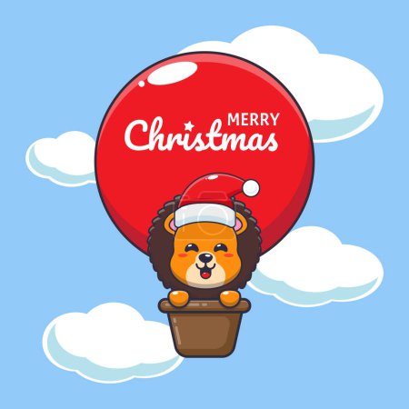 Illustration for Cute lion fly with air balloon. Cute christmas cartoon character illustration. - Royalty Free Image