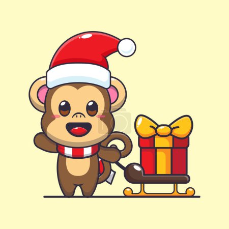Illustration for Cute monkey carrying christmas gift box. Cute christmas cartoon character illustration. - Royalty Free Image
