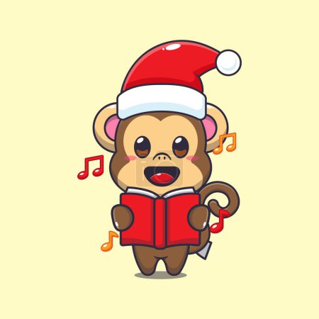 Illustration for Cute monkey sing a christmas song. Cute christmas cartoon character illustration. - Royalty Free Image