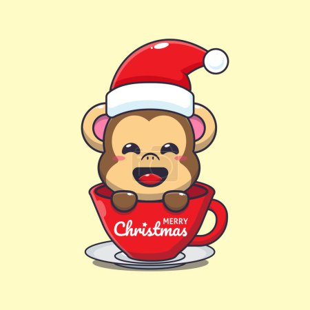 Téléchargez les illustrations : Mignon singe portant le chapeau de Père Noël dans la tasse. Jolie illustration de personnage de dessin animé de Noël. - en licence libre de droit