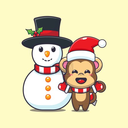 Téléchargez les illustrations : Mignon singe jouant avec bonhomme de neige. Jolie illustration de personnage de dessin animé de Noël. - en licence libre de droit
