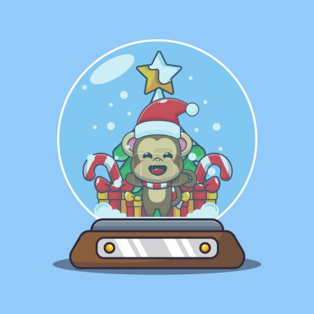 Illustration for Cute monkey in snow globe. Cute christmas cartoon character illustration. - Royalty Free Image