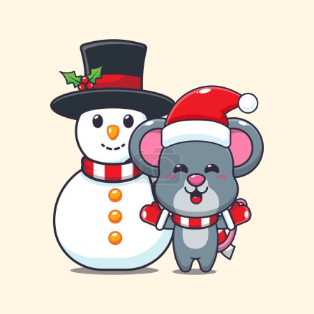 Ilustración de Lindo ratón jugando con muñeco de nieve. Lindo personaje de dibujos animados de Navidad ilustración. - Imagen libre de derechos