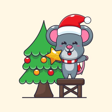 Illustration for Cute mouse taking star from christmas tree. Cute christmas cartoon character illustration. - Royalty Free Image
