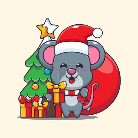 Téléchargez les illustrations : Mignonne souris portant cadeau de Noël. Jolie illustration de personnage de dessin animé de Noël. - en licence libre de droit