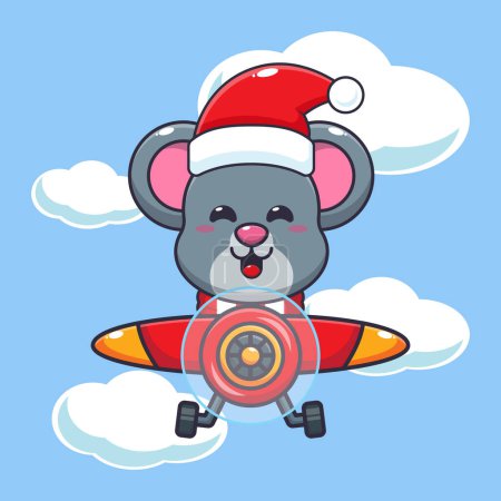 Illustration for Cute mouse wearing santa hat flying with plane. Cute christmas cartoon character illustration. - Royalty Free Image