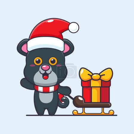 Illustration for Cute panther carrying christmas gift box. Cute christmas cartoon character illustration. - Royalty Free Image