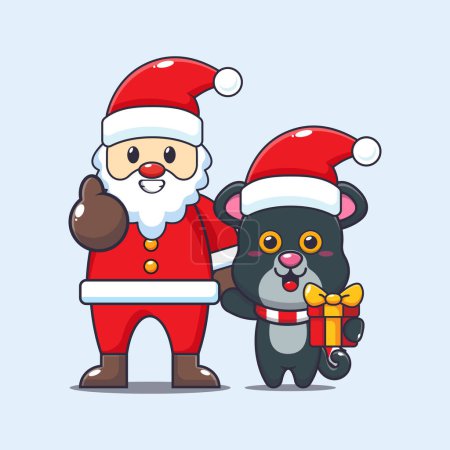 Illustration for Cute panther with santa claus. Cute christmas cartoon character illustration. - Royalty Free Image