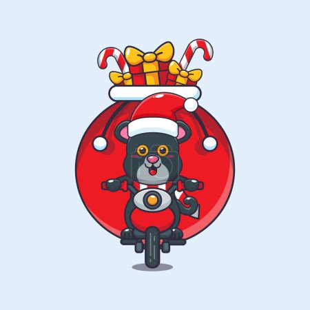 Téléchargez les illustrations : Jolie panthère portant cadeau de Noël avec moto. Jolie illustration de personnage de dessin animé de Noël. - en licence libre de droit