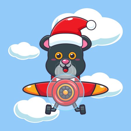 Ilustración de Linda pantera con sombrero de santa volando con avión. Lindo personaje de dibujos animados de Navidad ilustración. - Imagen libre de derechos