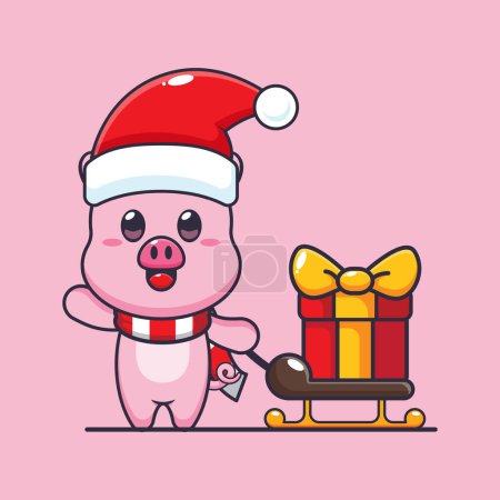 Illustration for Cute pig carrying christmas gift box. Cute christmas cartoon character illustration. - Royalty Free Image