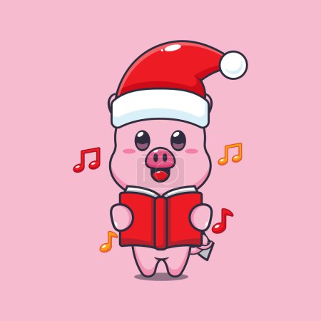 Illustration for Cute pig sing a christmas song. Cute christmas cartoon character illustration. - Royalty Free Image