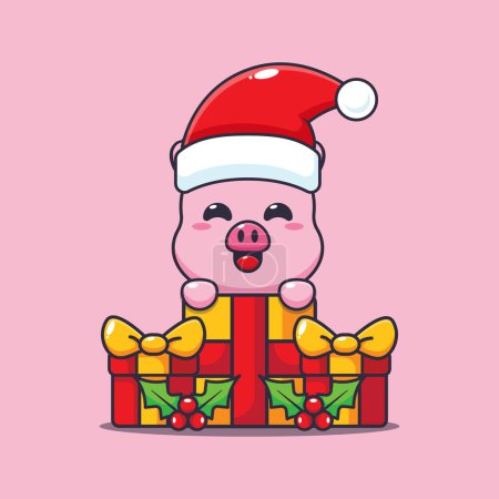 Téléchargez les illustrations : Cochon mignon heureux avec cadeau de Noël. Jolie illustration de personnage de dessin animé de Noël. - en licence libre de droit