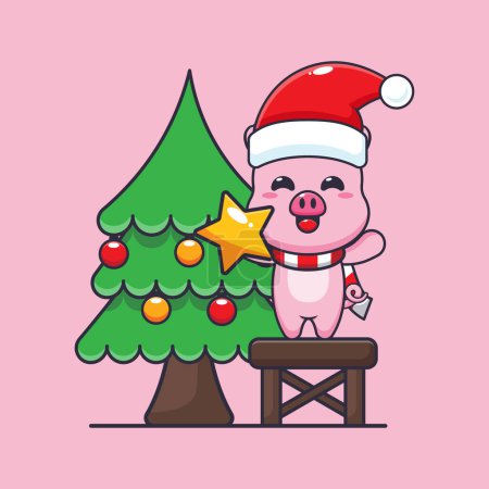 Illustration for Cute pig taking star from christmas tree. Cute christmas cartoon character illustration. - Royalty Free Image