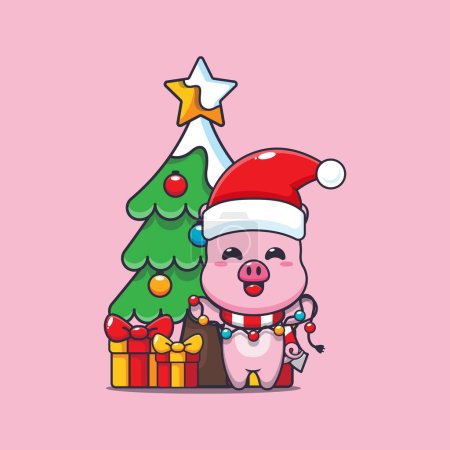 Illustration for Cute pig with christmast lamp. Cute christmas cartoon character illustration. - Royalty Free Image