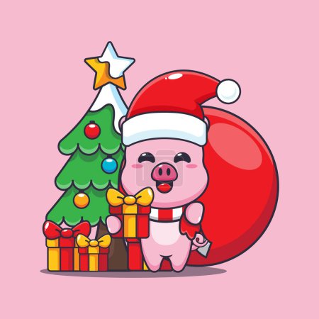 Téléchargez les illustrations : Cochon mignon portant cadeau de Noël. Jolie illustration de personnage de dessin animé de Noël. - en licence libre de droit