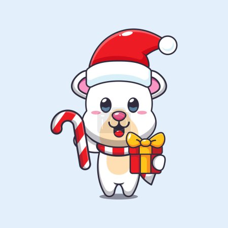 Illustration for Cute polar bear holding christmas candy and gift. Cute christmas cartoon character illustration. - Royalty Free Image