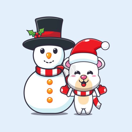 Téléchargez les illustrations : Joli ours polaire jouant avec bonhomme de neige. Jolie illustration de personnage de dessin animé de Noël. - en licence libre de droit