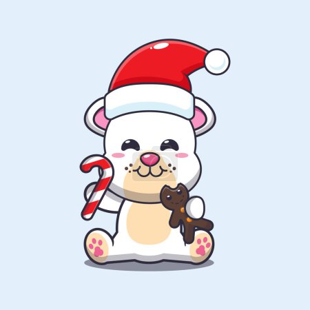 Téléchargez les illustrations : Mignon ours polaire mangeant des biscuits de Noël et des bonbons. Jolie illustration de personnage de dessin animé de Noël. - en licence libre de droit