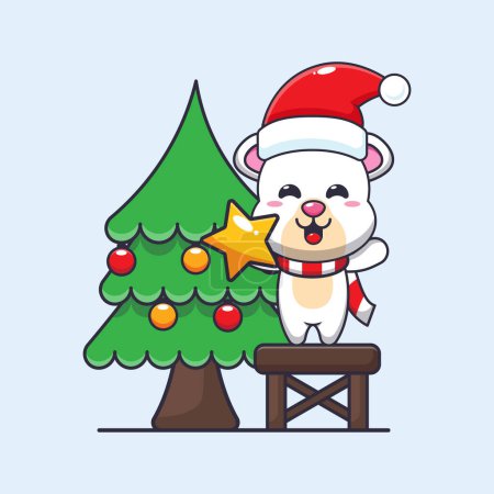 Téléchargez les illustrations : Mignon ours polaire prenant étoile de l'arbre de Noël. Jolie illustration de personnage de dessin animé de Noël. - en licence libre de droit