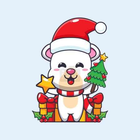 Téléchargez les illustrations : Mignon ours polaire tenant étoile et arbre de Noël. Jolie illustration de personnage de dessin animé de Noël. - en licence libre de droit