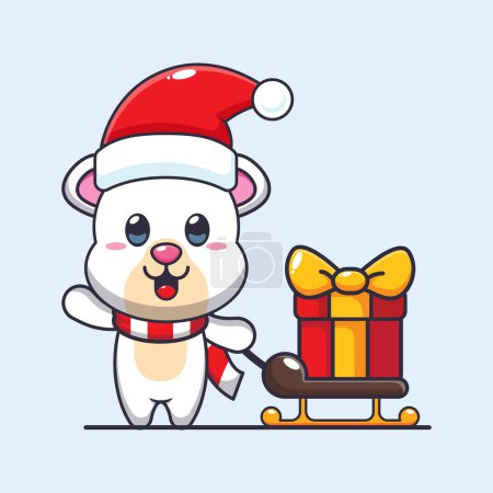 Téléchargez les illustrations : Mignon ours polaire portant boîte cadeau de Noël. Jolie illustration de personnage de dessin animé de Noël. - en licence libre de droit