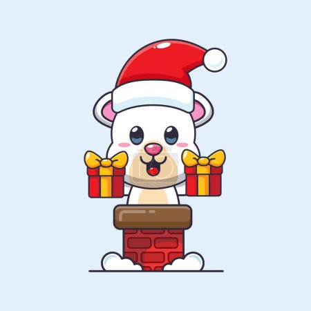 Téléchargez les illustrations : Joli ours polaire avec chapeau de Père Noël dans la cheminée. Jolie illustration de personnage de dessin animé de Noël. - en licence libre de droit