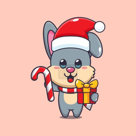 Téléchargez les illustrations : Mignon lapin tenant bonbons de Noël et cadeau. Jolie illustration de personnage de dessin animé de Noël. - en licence libre de droit