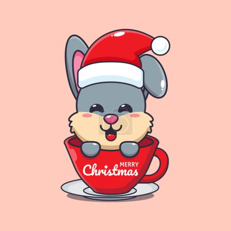 Téléchargez les illustrations : Mignon lapin portant un chapeau de Père Noël dans la tasse. Jolie illustration de personnage de dessin animé de Noël. - en licence libre de droit