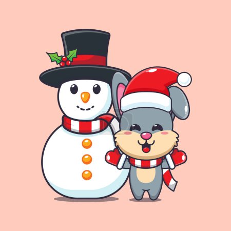 Téléchargez les illustrations : Mignon lapin jouant avec bonhomme de neige. Jolie illustration de personnage de dessin animé de Noël. - en licence libre de droit