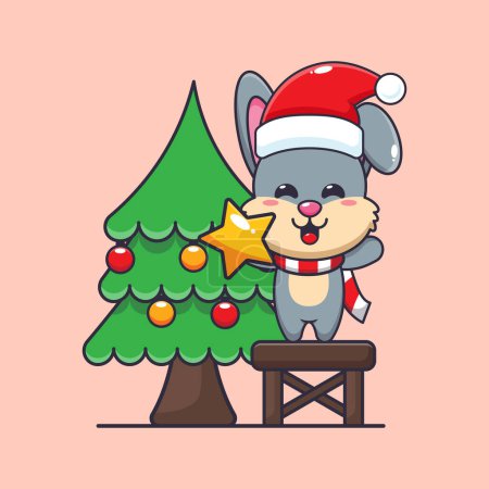 Ilustración de Lindo conejo tomando estrella del árbol de navidad. Lindo personaje de dibujos animados de Navidad ilustración. - Imagen libre de derechos