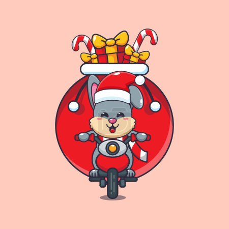Téléchargez les photos : Mignon lapin portant cadeau de Noël avec moto. Jolie illustration de personnage de dessin animé de Noël. - en image libre de droit