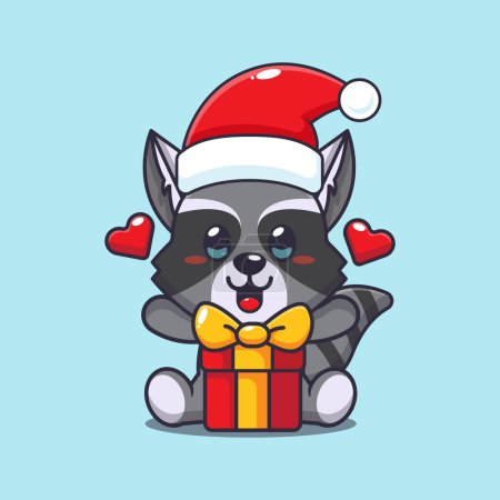 Illustration for Cute raccoon with christmas gift. Cute christmas cartoon character illustration. - Royalty Free Image