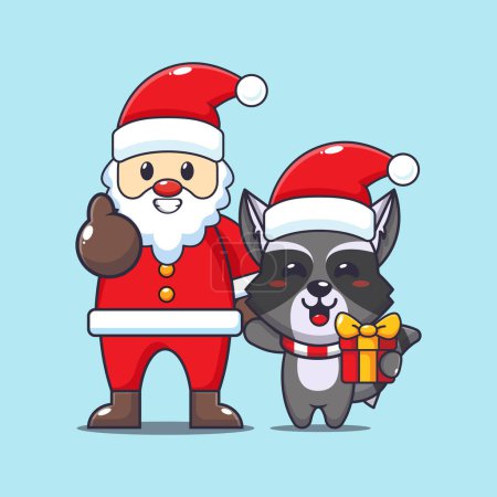 Ilustración de Lindo mapache con Santa Claus. Lindo personaje de dibujos animados de Navidad ilustración. - Imagen libre de derechos